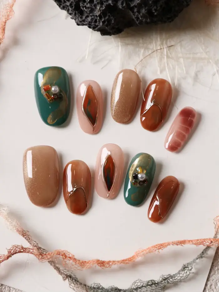 10 faux ongles à presser Marron Vert Effet Halation pour le bureau et le quotidien Kit d'ongles artificiels Nail Art DIY