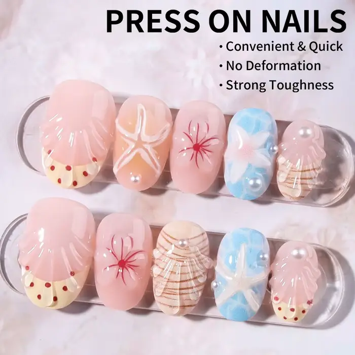 24 pièces par ensemble. Ongles courts ovales en gel 3D à motif floral étoilé et à pois