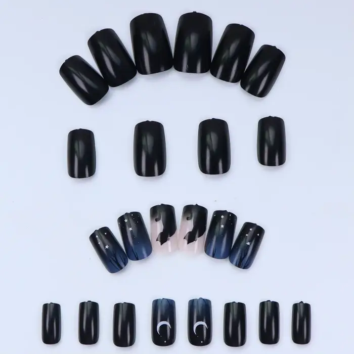 Colle pour faux ongles en acrylique, 24 pièces, courte, carrée, brillante, chat noir, pâte dégradée