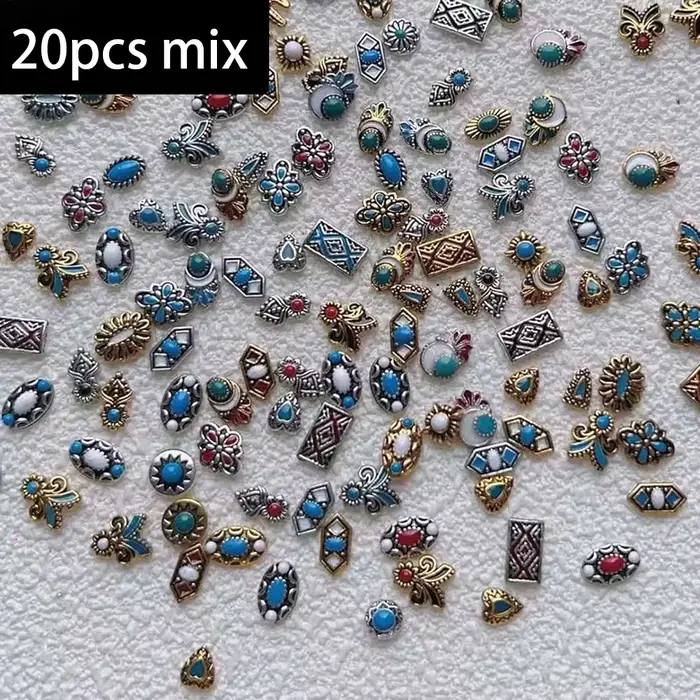 Breloques bohème pour Nail Art, 20 pièces, alliage mixte rétro, Totem Turquoise, diamants pour ongle