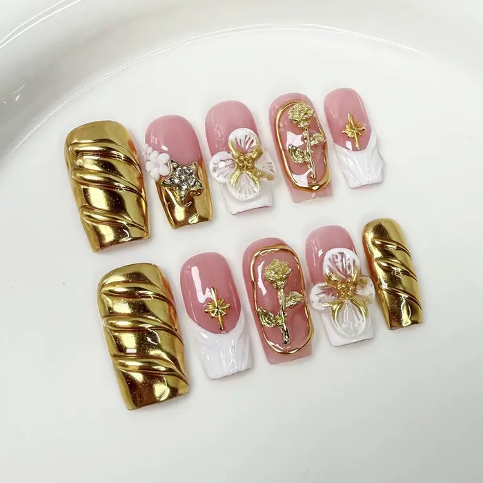 10 pièces de luxe or presse sur ongles 3D fleur faux ongles perle manucure française à la main faux 