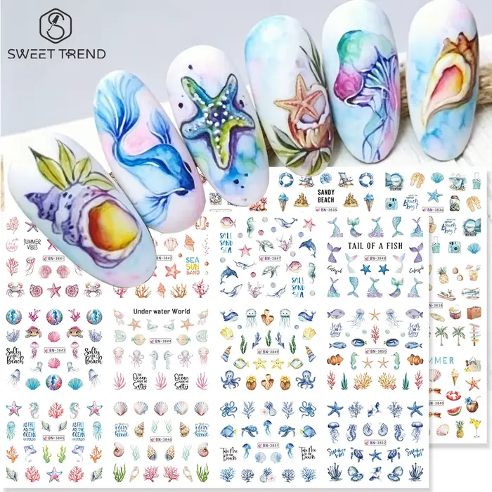 12 Motifs Autocollants Ongles Thème Océan Estival Coquillages Étoiles de Mer Méduses Décoration Manucure Transfert à l'Eau