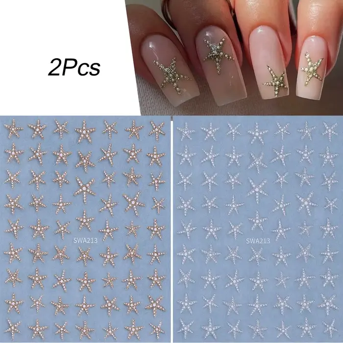 2 autocollants pour ongles en forme d'étoile de mer, dorés et argentés, avec paillettes, pour manucu
