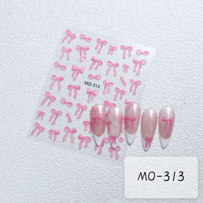 Autocollants pour ongles à nœud papillon, ruban blanc en Relief 3D, mignon, rose doux, autocollants