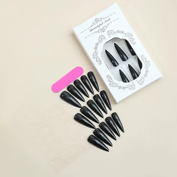 Patchs pour faux ongles longs et pointus, brillant, noir foncé, Cool, portable, à pression, couleur