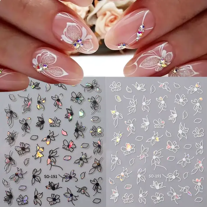 2 pièces 3D Laser noir blanc fleur décalcomanies abstraite rayure fleur pétales conception autocolla