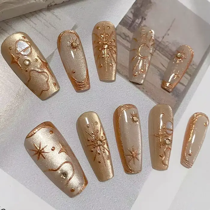 10 Pièces de Strass pour Ongles Plaqué Or, Motifs Étoile et Lune, Effet Œil de Chat, Décorations Adh