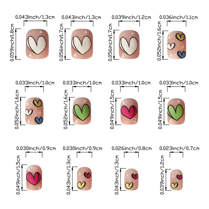 24 pièces faux ongles carrés courts mats, conception de coeur coloré couverture complète presse sur 