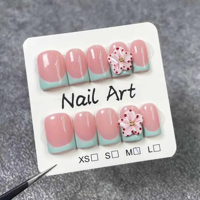 10 pièces cercueil court fait à la main presse sur les ongles avec sculpture 3d fleur conception faux