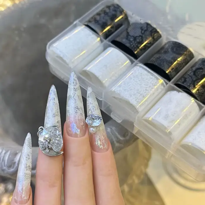 Autocollants de transfert d'ongles en dentelle noir et blanc, 10 rouleaux/boîte, enveloppes complète