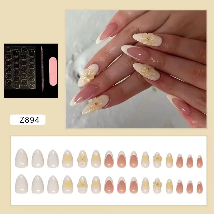 Faux ongles à presser en amande, dégradé nude, style French, avec fleur de pêche 3D, amovibles, pour