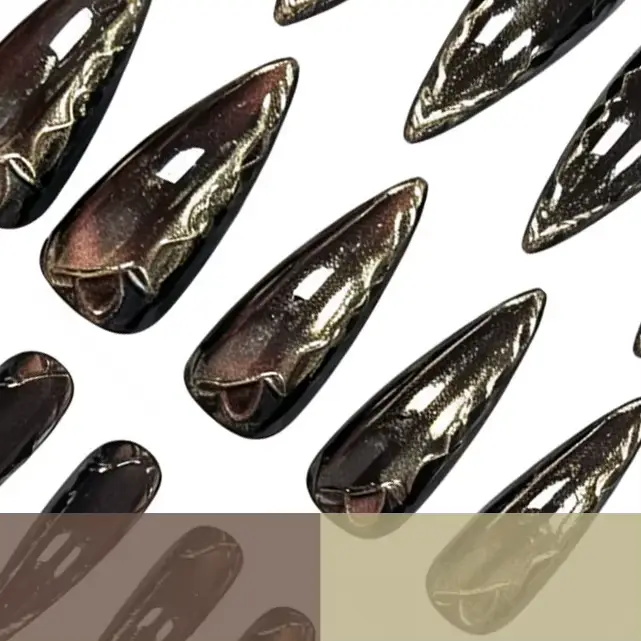 24 faux ongles longs en métal foncé style punk, effet œil de chat 3D marron