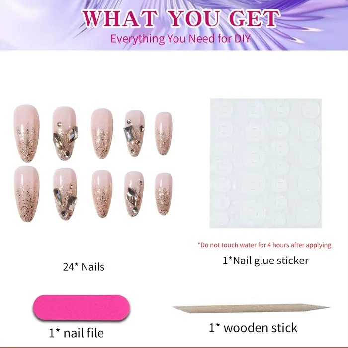 24 pièces d'ongles longs en forme d'amande avec lumière scintillante : design français