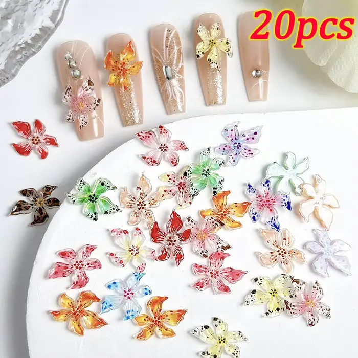 72 pièces/boîte Hawaii Hibiscus Lily Floral Nail Art breloques 3D gelée colorée cristal doux fleur d