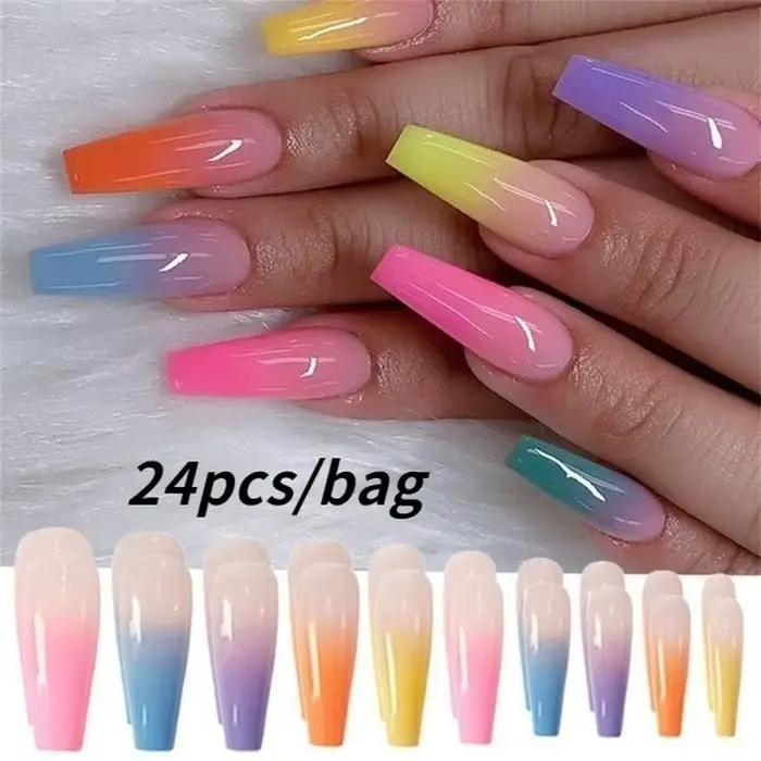 Faux ongles longs en forme de cercueil, ballerine arc-en-ciel, couverture complète, pointes de Nail 