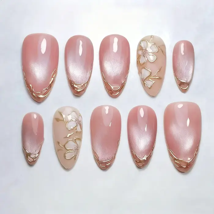 24 pièces marron dégradé faux ongles conseils portable oeil de chat amande presse