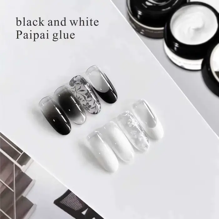 Colle à ongles 5G couleur unie noir et blanc, colle à effet plâtre, gel couleur unie dégradé brillant, durable pour DIY à domicile et salon