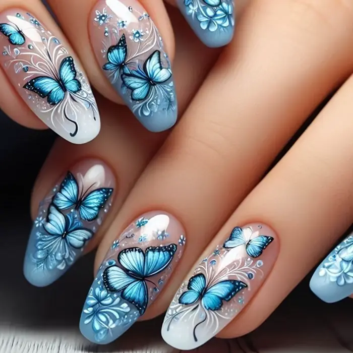 Faux ongles bleus en forme de ballet, motif papillon bleu, décoration à motif de fleurs bleues, déli