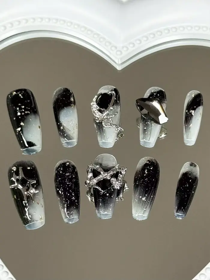 10 faux ongles longs trapézoïdaux de style punk
