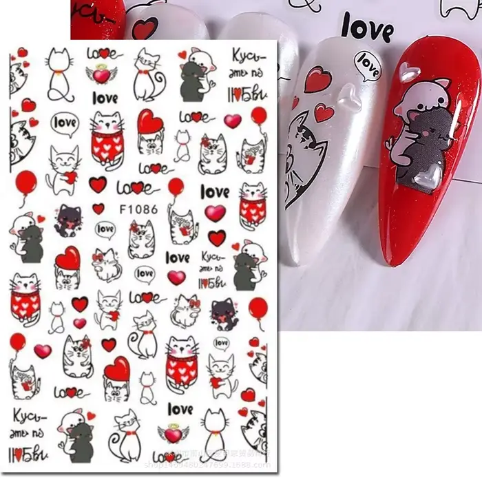 3d Nail Art décalcomanies saint valentin coeurs rouges ballons chats mignons amour lettres autocolla