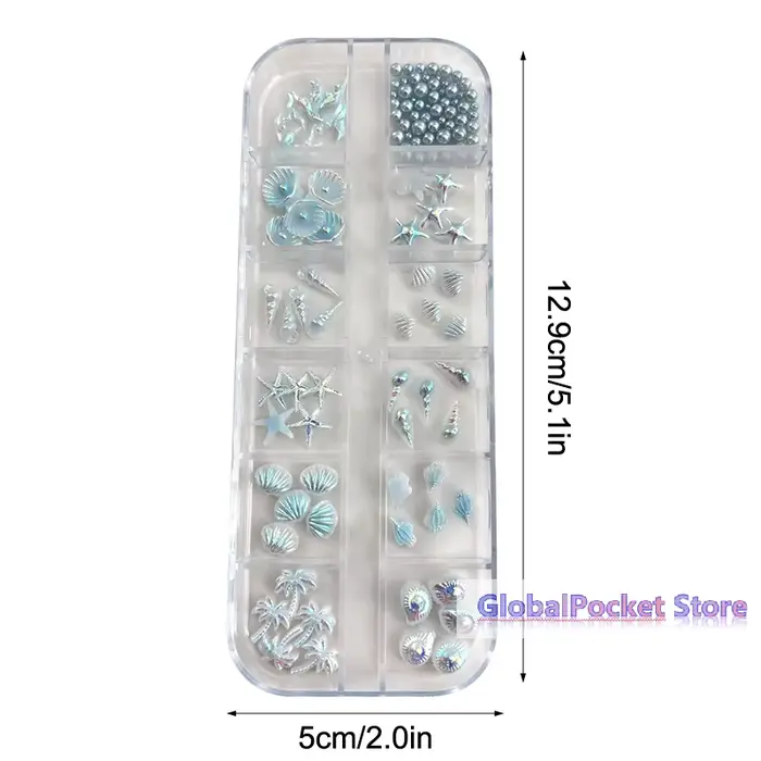 Boîte de 12 compartiments – Breloques d'ongles bleues et blanches en forme de coquillages