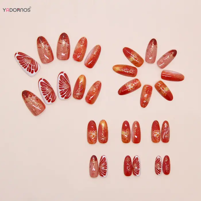 30 faux ongles rouges à pression avec paillettes brillantes