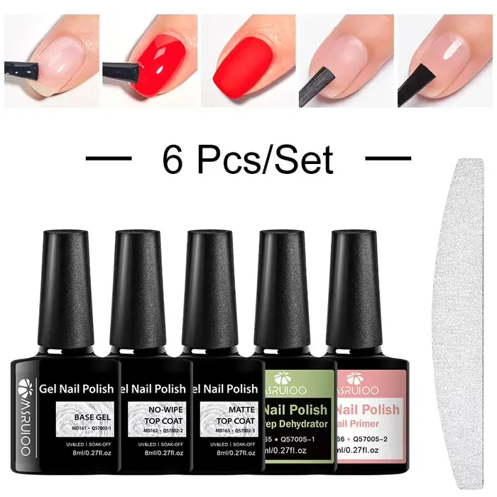 Kit de Gel à ongles fonctionnel 6 pièces-déshydrateur d'ongles, apprêt, haut, Gel de Base et dessus 