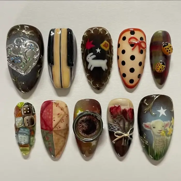 24 pièces Vintage Style campagnard faux ongles mignon dessin animé petit agneau lapin Rose imprimé p