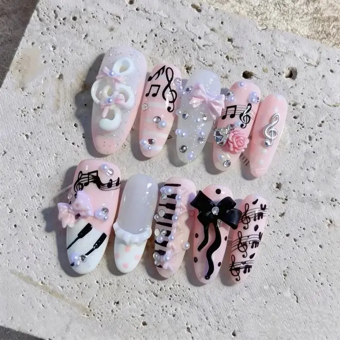 10 faux ongles ovales longs roses et noirs
