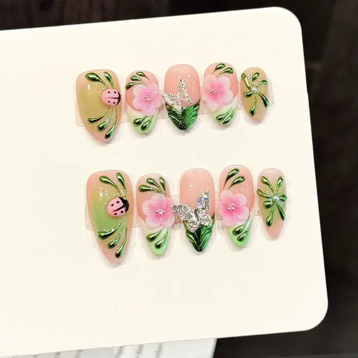 10 pièces faux ongles faits à la main avec dégradé rose vert court amande presse