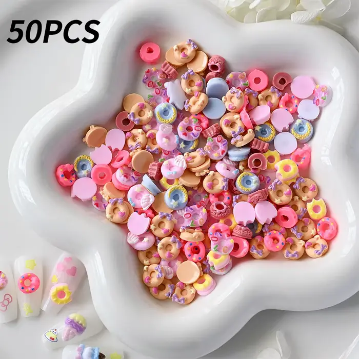 50 pièces 3D mixte Kawaii beignets Nail Art breloques dessin animé Dessert/beignet ongles décorations pour bricolage artisanat cheveux manucure accessoires