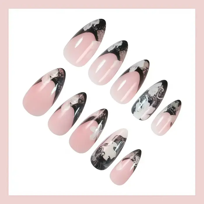 24 faux ongles français pointus en dentelle noire faits à la main