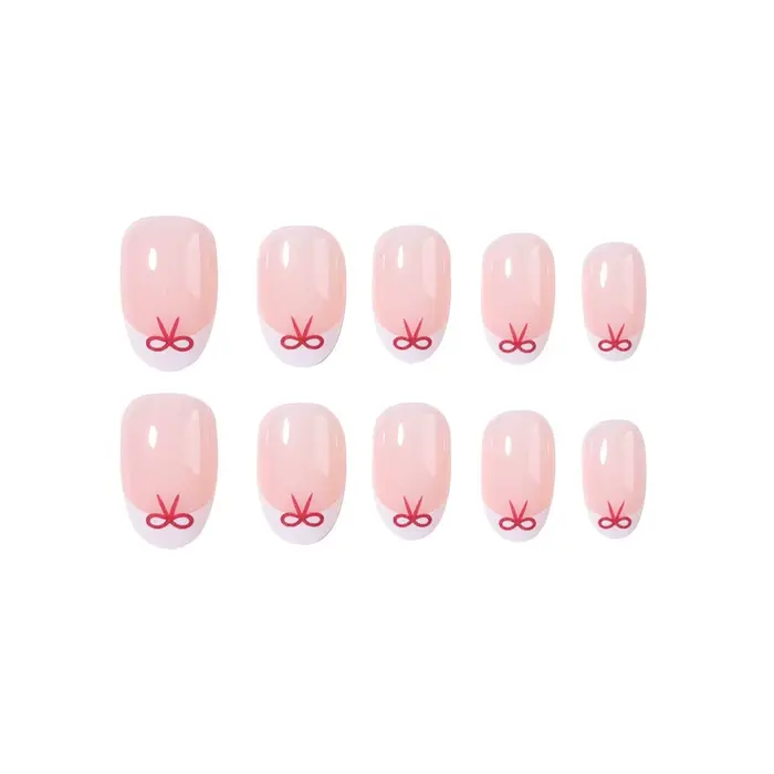 24 morceaux de pointes d'ongles courtes en forme d'amande avec des motifs de nœud rouge