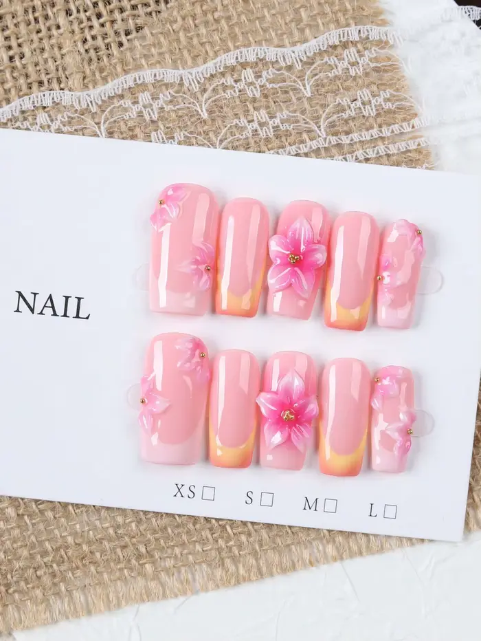 10 faux ongles à presser de style français, de longueur moyenne, rectangulaires, dégradé rose nude e
