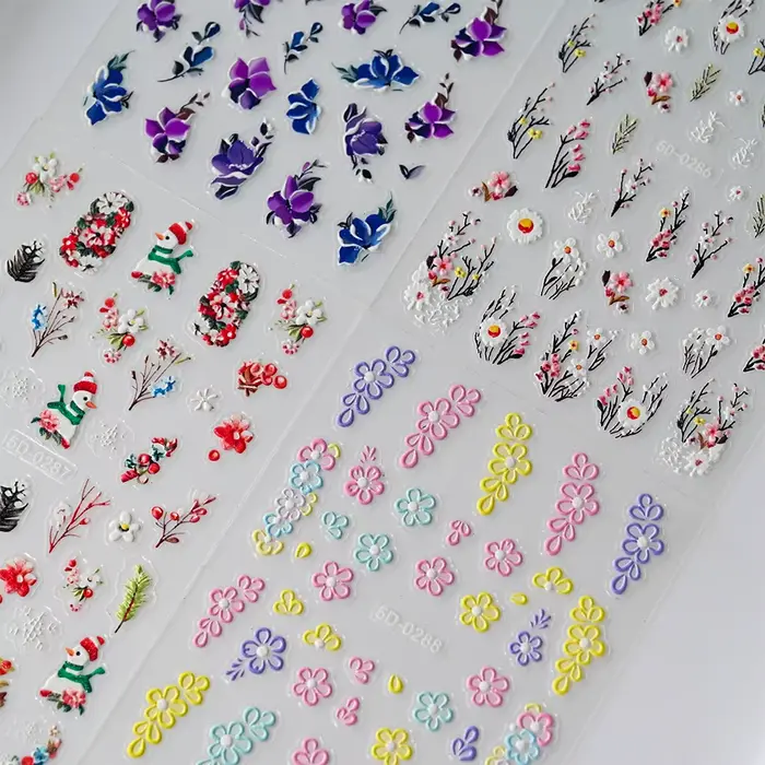 Autocollants 5D pour ongles, motifs floraux roses et bleus, pétales, feuilles, plantes en relief, dé