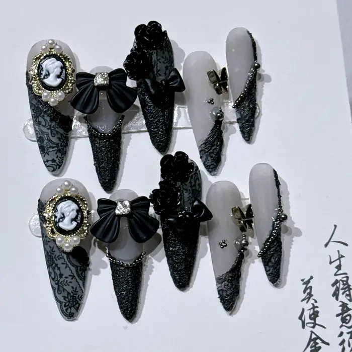 Long Stiletto souhaits on Fake N64.Blue Coussins Diamond Bow Decoration, False Nail, Y2K Fashion, Ar