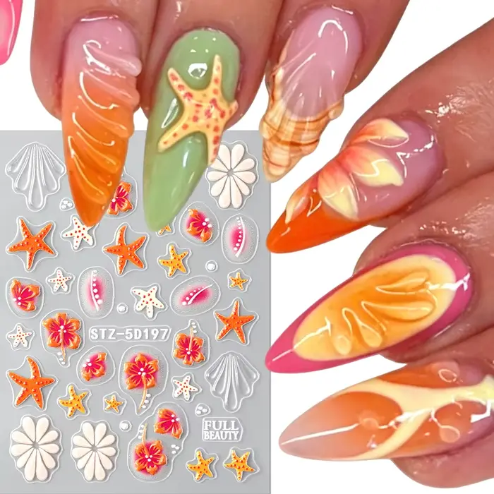Autocollants pour ongles Étoile de mer orange Hibiscus, Décalcomanies pour ongles Fleurs des îles, S
