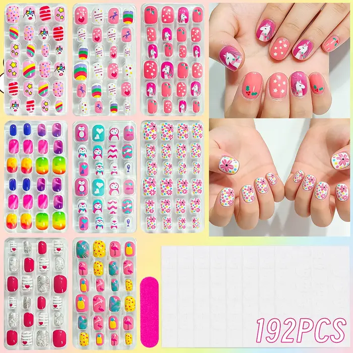 8 boîtes (192 pièces) de faux ongles à presser pour enfants