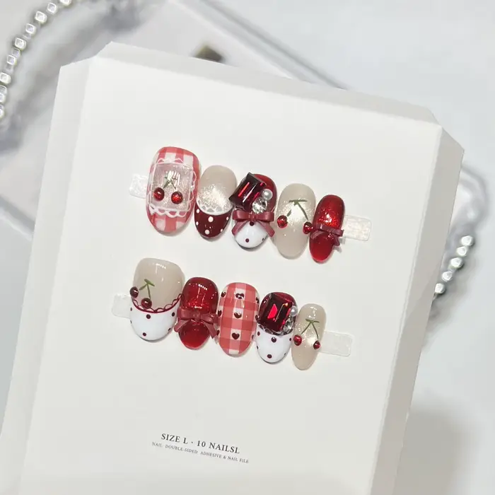 10 pièces doux Cool amande fait à la main faux ongles rose Plaid cerise nœuds papillon conceptions presse sur les ongles fée Ballet portable faux ongles