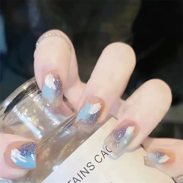 24 pièces/ensemble français court carré acrylique portant des faux ongles couverture complète adhésif