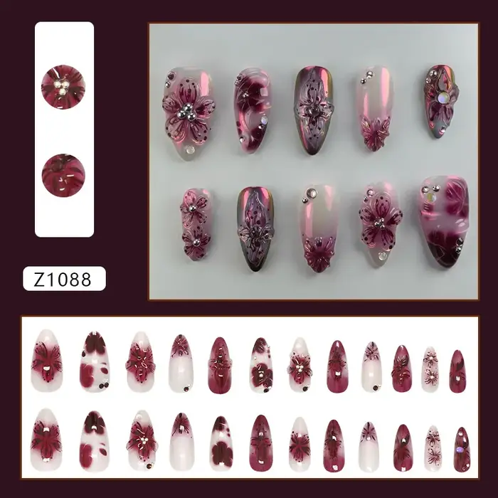 24 pièces fleur impression presse sur ongles vin rouge Blush amande faux ongles conseils portable ré