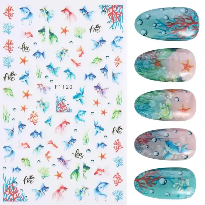 1 feuille holographique méduse dauphin Nail Art autocollants 3D sirène océan coquille ongles décalcomanies adhésif