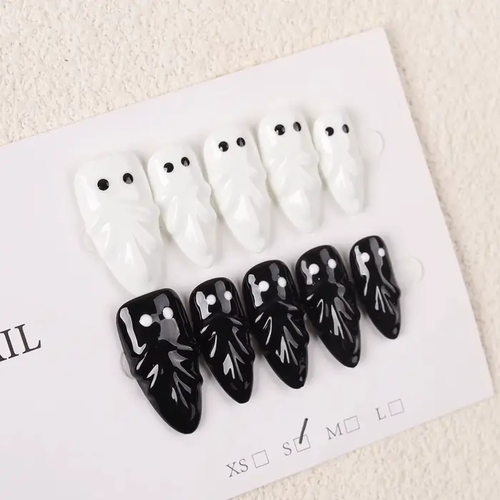 10 faux ongles faits à la main en forme d'amande, design fantôme noir et blanc, ongles artificiels é