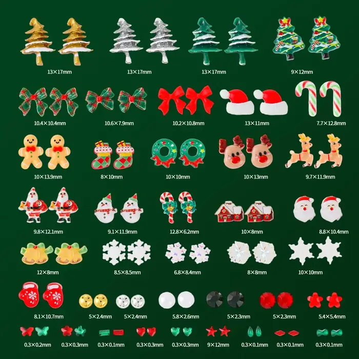 1 boîte de décorations créatives pour ongles en résine, motifs de rennes, de Père Noël, de gants, de nœuds, de chaussettes et de clochettes, pour la décoration des ongles de Noël DIY.