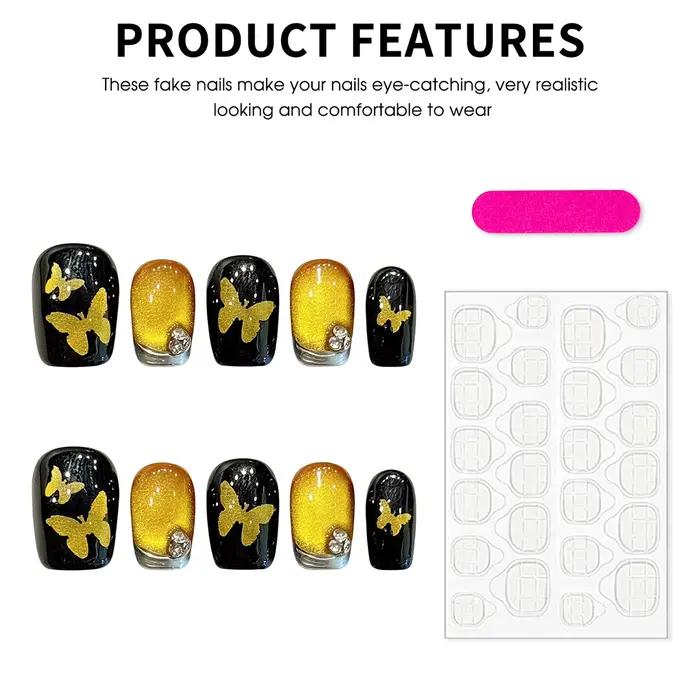 10 faux ongles faits à la main avec motif papillon doré et effet œil de chat noir