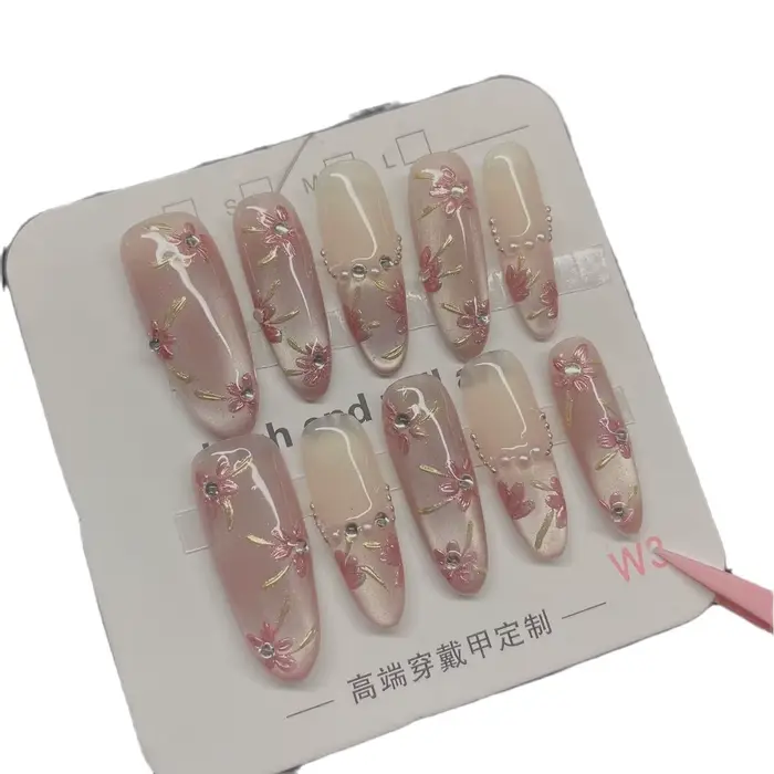 10 pièces longues fleurs ovales ongles faits à la main perles françaises presse sur ongles strobosco