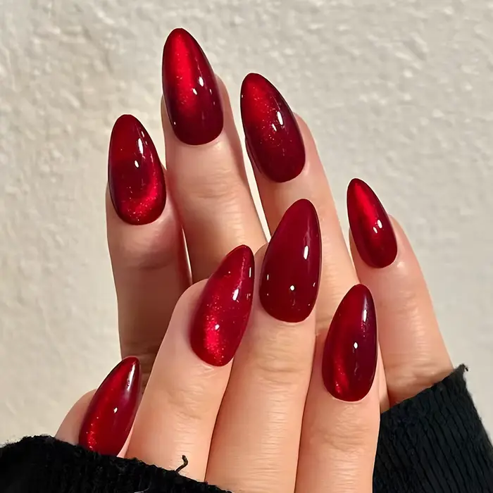 24 pièces brillant rouge oeil de chat presse sur ongles couverture complète couleur nue portable amande faux