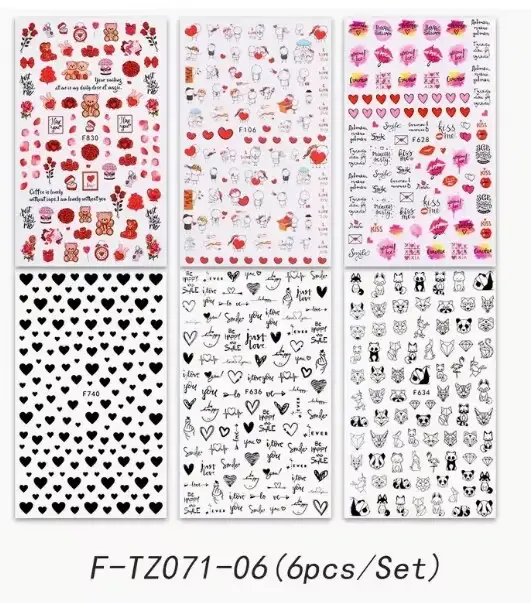 6 pièces 3D saint valentin Nail Art autocollant amant lettre mignon fille dessin animé curseur envel