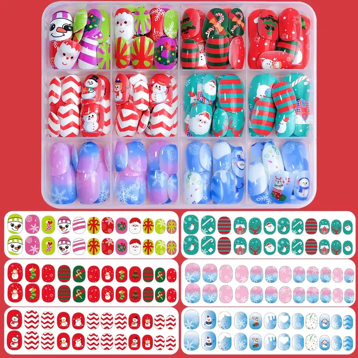 144 pièces/boîte noël enfants faux ongles beau bonhomme de neige flocons