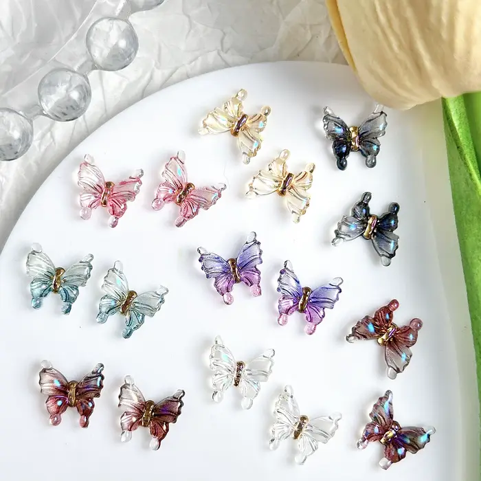 Breloques pour ongles papillon transparentes multicolores, 30 pièces, résine 3D brillante, petit pap
